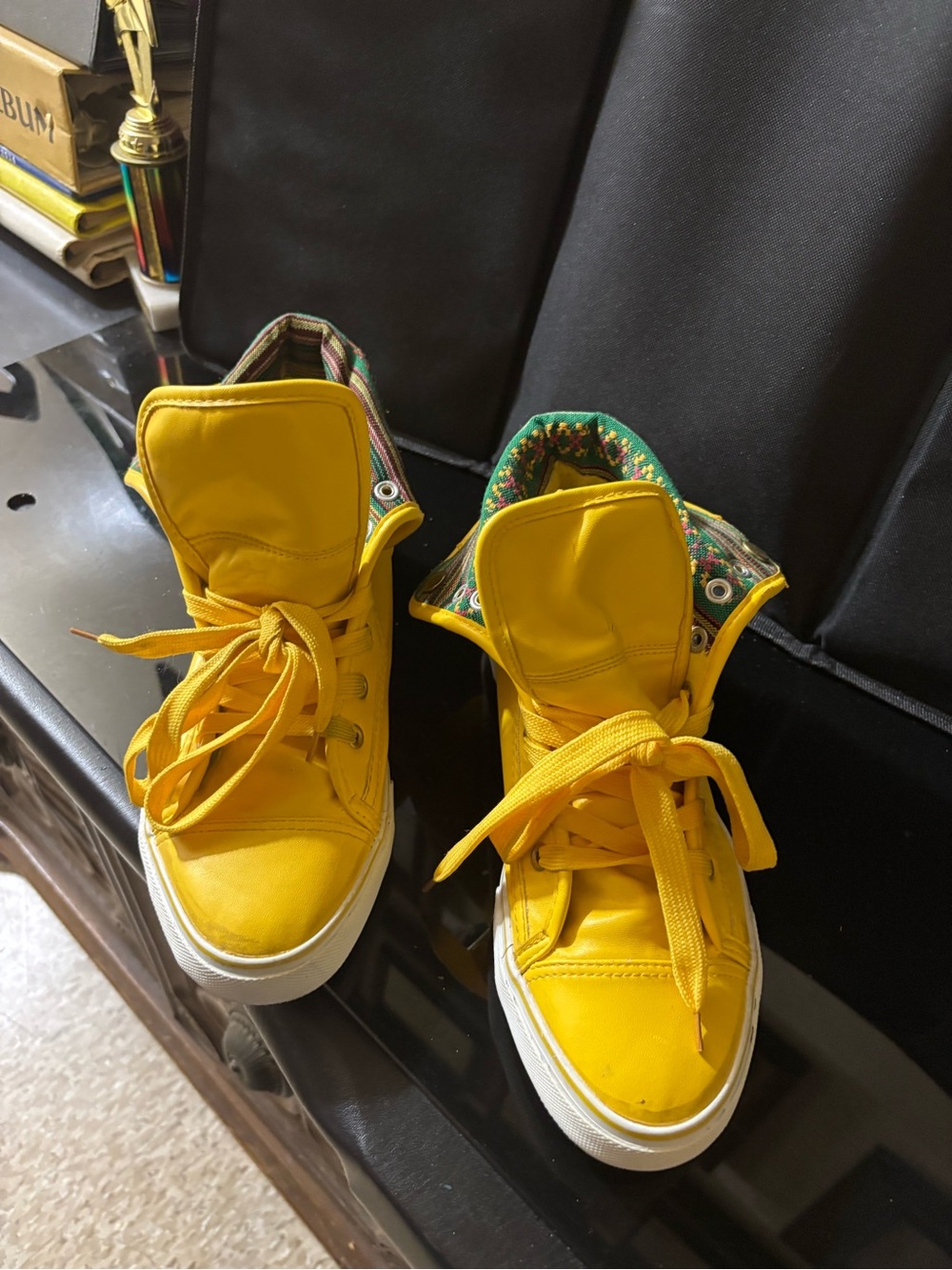 Yellow High-Top Apple Bottom Sneakers with Patterned Lining